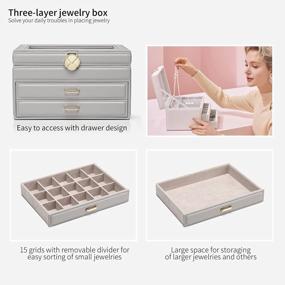 img 1 attached to Vlando Jewelry Organizer Box For Women, 3 Layer Large Jewelry Boxes With 2 Drawers, Glass Lid Leather Jewelry Storage For Necklaces Earrings Rings Bracelets Watches Travel, Grey