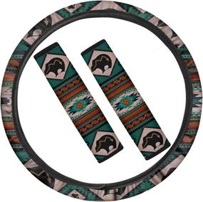 img 4 attached to JOAIFO Aztec Style Print 15 Inch Steering Wheel Cover And Shoulder Strap Pads