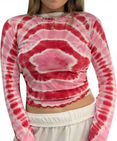 img 1 attached to Women'S Y2K Long Sleeve Crop Top Red Floral Tie Dye Sexy Slim Fit Shirt - Size L