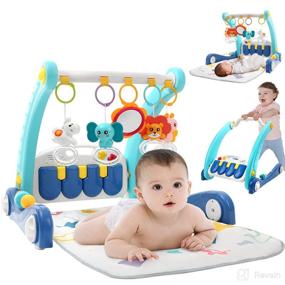 img 4 attached to 2-in-1 Baby Gym Play Mat and Sit-to-Stand Learning Walker, Kick and Play Piano Tummy Time Mat Toys with Mirror for Newborn Babies, Toddlers, Infants - Perfect Gift for 0-12 Month Baby Girls and Boys - Must-Have Blue Baby Essentials