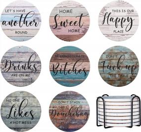 img 4 attached to Funny Coaster Set Of 8 With Sayings & Wooden Holder - Absorbent Ceramic Bar Coasters For Tabletop Protection, 4 Inches