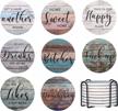 funny coaster set of 8 with sayings & wooden holder - absorbent ceramic bar coasters for tabletop protection, 4 inches logo