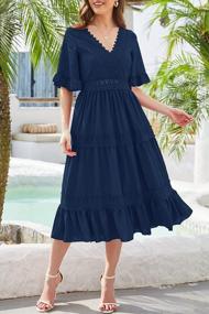 img 3 attached to Women'S Summer Boho Midi Dress V-Neck Lace Trim Ruffle Sleeve Elastic Waist Tiered With Pockets