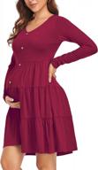 women's maternity dress long sleeve v-neck button down flowy pregnancy dresses with pockets burgundy logo