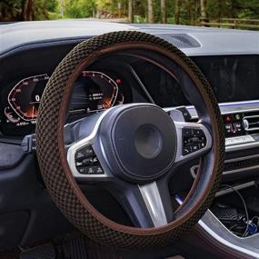 img 4 attached to 🚗 Car Stretch Elastic Steering Wheel Cover - Stylish Car Interior Accessories for Women & Men - Cute Western Steering Wheel Buddy - Breathable Microfiber Ice Silk - Anti-Slip, Odorless, Easy to Carry - Brown