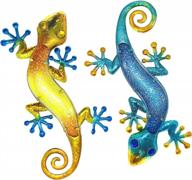 2-piece metal gecko outdoor wall decor - 15.2 inches, garden art hanging glass decoration for patio or fence logo