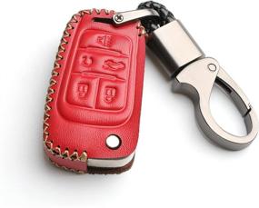 img 4 attached to WFMJ Leather For Chevrolet Camaro Cruze Sonic Buick GMC Flip 5 Buttons Key Fob Case Cover Chain (Red)