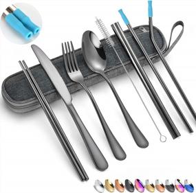 img 4 attached to 🍽️ Convenient & Compact Travel Reusable Utensils Set - Stainless Steel Silverware with Case, Ideal for Camping & On-the-Go Dining, Includes Chopsticks and Straw - 8 Piece AF (Black)