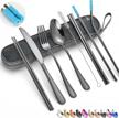 🍽️ convenient & compact travel reusable utensils set - stainless steel silverware with case, ideal for camping & on-the-go dining, includes chopsticks and straw - 8 piece af (black) logo