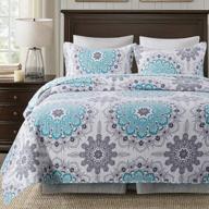 travan lightweight 3-piece quilt set with reversible cotton coverlet and shams - all-season blue medallion bedding for queen size логотип
