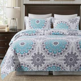 img 4 attached to Travan Lightweight 3-Piece Quilt Set With Reversible Cotton Coverlet And Shams - All-Season Blue Medallion Bedding For Queen Size