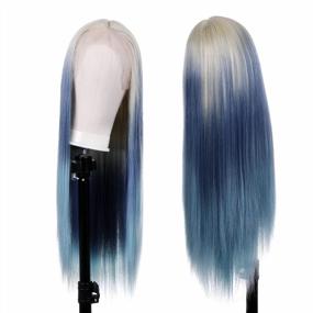 img 3 attached to Heat Resistant Synthetic Wig For Women - Stunning Ombre Blue & Blonde Straight Lace Front Wig Perfect For Daily Wear, Parties And More - FUHSI