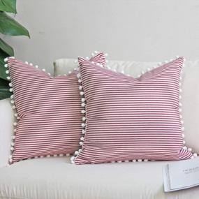 img 4 attached to Add Farmhouse Charm To Your Couch With JOJUSIS Ticking Stripe Pillow Covers With Pom-Poms - Set Of 2