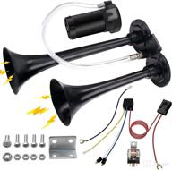 super loud 12v 150db air horn kit for trucks cars, dual trumpet air horns with compressor – ideal for 12v vehicles, motorcycles, pickups, trains, boats (black) logo