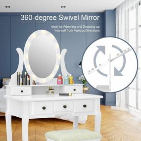 img 1 attached to CHARMAID Girls Vanity Set: Lighted Mirror, 12 Lights, 5 Drawers & Rotatable Mirror - White Dressing Desk With Cushioned Stool For Kids