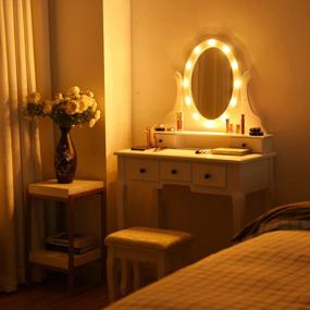 img 4 attached to CHARMAID Girls Vanity Set: Lighted Mirror, 12 Lights, 5 Drawers & Rotatable Mirror - White Dressing Desk With Cushioned Stool For Kids