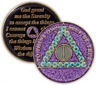 crystallized purple glitter aa chip: celebrate 1 year sobriety with a recovery anniversary token and serenity prayer logo