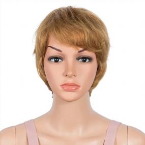 img 4 attached to Joedir Pixie Cut Short Human Hair Wig With Bangs For Women Pixie Wigs Machine Made Layered Wavy Brazilian Hair 130% Density(Golden Color)