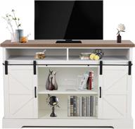mfstudio farmhouse tv stand sliding barn doors and metal knob, entertainment center and media console, for tvs up to 60 inch wood table storage cabinet with shelf, ivory painting logo