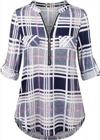 img 4 attached to Moyabo Plaid Tunic Shirt With Zipped V-Neck And 3/4 Cuffed Sleeves For Women - Stylish Blouses