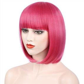 img 3 attached to Bob Wig With Bangs - 12 Inch Red Wigs For Women, Natural Looking Short Wigs With Bangs, Super Soft Bob Wig Easy To Put, Colorful Synthetic Wig For Daily Use, Parties, Cosplay, Halloween(Rose Red)
