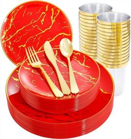 img 4 attached to Supernal 150-Piece Gold Rimmed Red Christmas Plastic Plates With Gold Cutlery And Marble Dessert Plates - Disposable Dinnerware Set For Weddings, Parties, And Birthdays