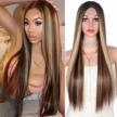 get a natural, sophisticated look with kalyss 26" long straight synthetic lace front wig for women in mix brown-blonde colors with middle parted style and dark roots logo