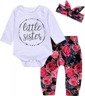 adorable little sister outfit: baby girl bodysuit with floral pants and bow headband logo