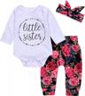 adorable little sister outfit: baby girl bodysuit with floral pants and bow headband logo