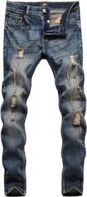 img 4 attached to ZLZ Men'S Blue Black Ripped Distressed Jeans - Fashionable Streetwear For A Slim Fit Look!