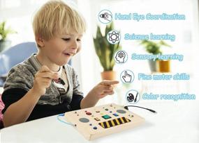 img 2 attached to 🔌 QIFUN Montessori Busy Board Wooden Toddler Toys with Light Up LED Buttons and Pluggable Wires - Sensory Toys for Toddlers 1-3, Educational Learning Fidget Toys for Babies 18-24 Months