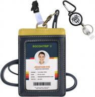 rocontrip leather rfid blocking vertical id badge holder with neck lanyard/strap for office and school id - dark blue with mustard yellow leather badge holder logo