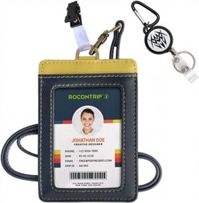img 4 attached to ROCONTRIP Leather RFID Blocking Vertical ID Badge Holder With Neck Lanyard/Strap For Office And School ID - Dark Blue With Mustard Yellow Leather Badge Holder