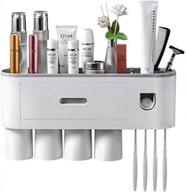 grey multifunctional toothbrush holder with automatic toothpaste dispenser, cup holder, drawer, and cosmetic organizer - space saving toothbrush organizer for 4 cups logo