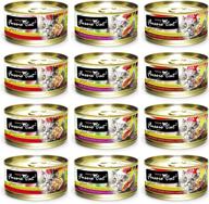 fussie cat premium grain free canned cat food variety pack - tuna with chicken, salmon, and ocean fish - 2.82 oz each (12 cans total) логотип