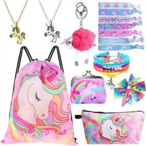 img 1 attached to Magical Unicorn Drawstring Bag Set With Necklace, Bracelet And Hair Tie For Girls