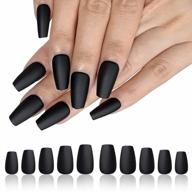 120 piece matte black press-on nails set - short coffin full cover ballerina fake nails with acrylic glue and adhesive tabs for women and girls, includes nail file for home manicures logo