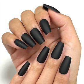 img 3 attached to 120 Piece Matte Black Press-On Nails Set - Short Coffin Full Cover Ballerina Fake Nails With Acrylic Glue And Adhesive Tabs For Women And Girls, Includes Nail File For Home Manicures