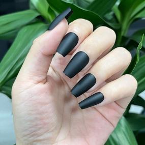 img 2 attached to 120 Piece Matte Black Press-On Nails Set - Short Coffin Full Cover Ballerina Fake Nails With Acrylic Glue And Adhesive Tabs For Women And Girls, Includes Nail File For Home Manicures