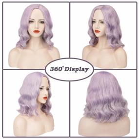 img 1 attached to Lilac Purple 14 Inch Natural Curly Wavy Bob Wig For Women - FESHFEN L Part Shoulder Length Synthetic Costume Cosplay Hairpiece