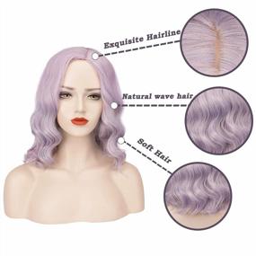 img 3 attached to Lilac Purple 14 Inch Natural Curly Wavy Bob Wig For Women - FESHFEN L Part Shoulder Length Synthetic Costume Cosplay Hairpiece