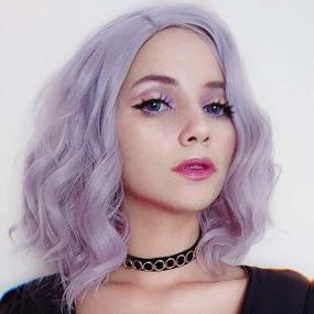 img 4 attached to Lilac Purple 14 Inch Natural Curly Wavy Bob Wig For Women - FESHFEN L Part Shoulder Length Synthetic Costume Cosplay Hairpiece