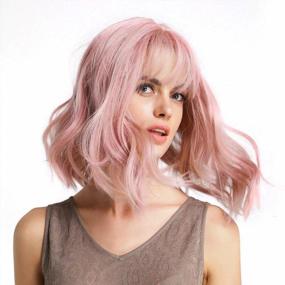 img 4 attached to Wirhaut Pink Wavy Wig With Bangs, Curly Synthetic Bob Wig Hair Replacement Wigs For Women 14 Inches With Wig Cap_Pink