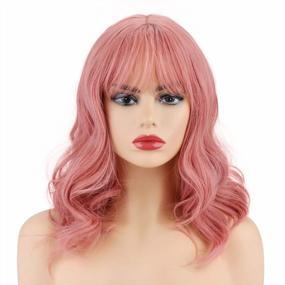 img 3 attached to Wirhaut Pink Wavy Wig With Bangs, Curly Synthetic Bob Wig Hair Replacement Wigs For Women 14 Inches With Wig Cap_Pink