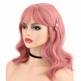 img 1 attached to Wirhaut Pink Wavy Wig With Bangs, Curly Synthetic Bob Wig Hair Replacement Wigs For Women 14 Inches With Wig Cap_Pink