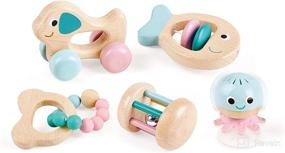 img 4 attached to 🎁 Hape Multi-Stage Sensory 5-Piece Wooden Gift Set: Stay Put Rattle, Rolling Rattles, and Teether; Montessori Toys for Newborns, Crawling Babies, and Walking Toddlers