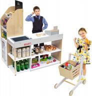 infans wooden grocery store playset for kids - supermarket toy set with cash register, shopping cart, blackboard, coins, and marketplace pretend play - perfect for toddlers and young children. logo