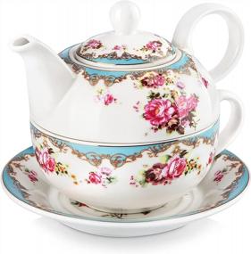 img 4 attached to MALACASA Sweet Time Tea For One Set - Porcelain Teapot And Cup With Lid, Saucer, And Chic Blue Design - 11Oz Teapot And 8.4Oz Cup Capacity