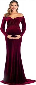 img 3 attached to Fitted Velvet Maternity Gown For Photoshoots: OQC Off Shoulder Long Sleeve Half Circle Maxi Dress