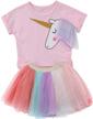 colorful tutu lace skirts with baby girl unicorn t-shirt top - summer fashion outfits for kids logo
